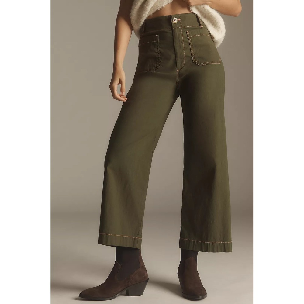 Anthropologie Maeve The Colette Cropped Wide Leg Linen Pants Olive Green 32